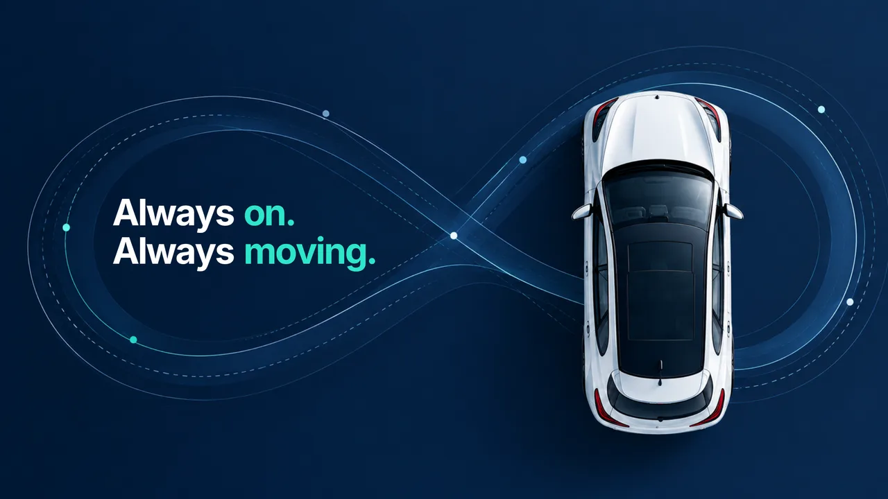 Infinity loop of teal data paths with a white car, captioned Always on. Always moving.