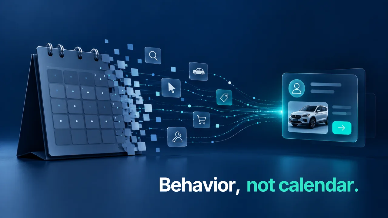 A desk calendar dissolving into behavioral signal icons flowing into a customer profile, captioned Behavior, not calendar.
