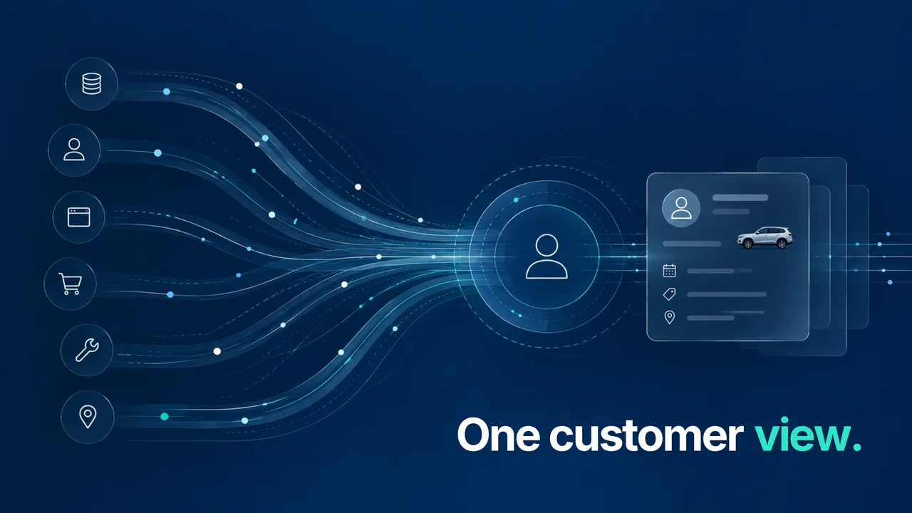 Multiple data sources flowing into a unified customer profile card, captioned One customer view.
